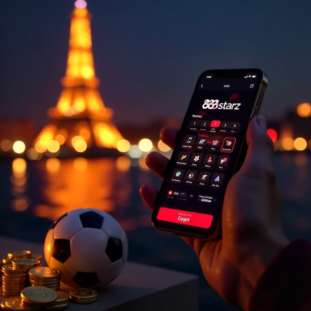 A hand holding a luxury smartphone displaying the official 888starz Egypt app with a sleek red and black interface in Arabic, background is the Cairo Tower and the Nile River at night with vibrant golden and red bokeh lights, 3D golden coins and a soccer 